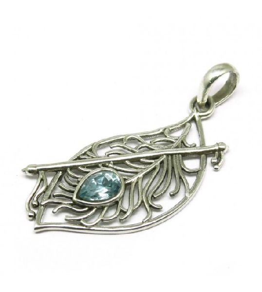 Amazing Designer Pendant !! Flute With Feather Blue Topaz Silver Jewelry Gemstone Pendant