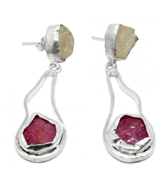 Amazing !! Ruby Rose Quartz Rough Gemstone Silver Jewelry Earring