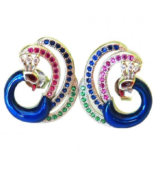 Peacock Style Gemstone Silver Earring, Shape : Round