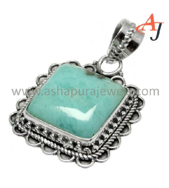 Square Larimar Gemstone Silver Jewelry Pendant, Size : 3.6 x 2.4 cm