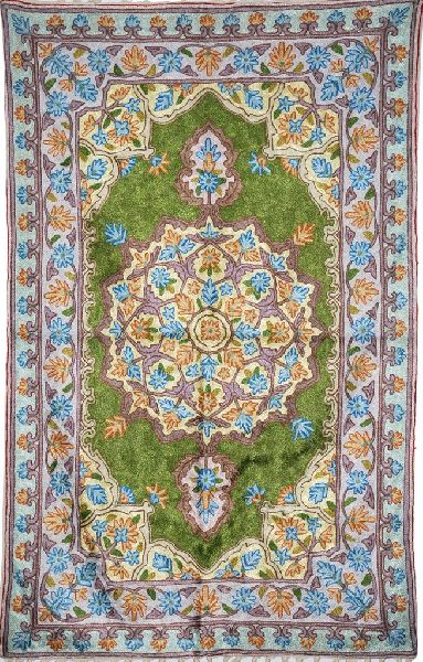 CHAINSTITCH TAPESTRY SILK RUG, BLUE GREEN EMBROIDERY 2.5X4 FEET