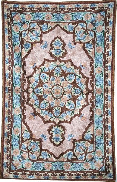 CHAINSTITCH TAPESTRY SILK RUG, PINK AND BLUE EMBROIDERY 2.5X4 FEET