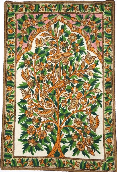 CHAINSTITCH TAPESTRY WOOLEN RUG "TREE OF LIFE BIRDS", MULTICOLOR EMBROIDERY 2X3 FEET