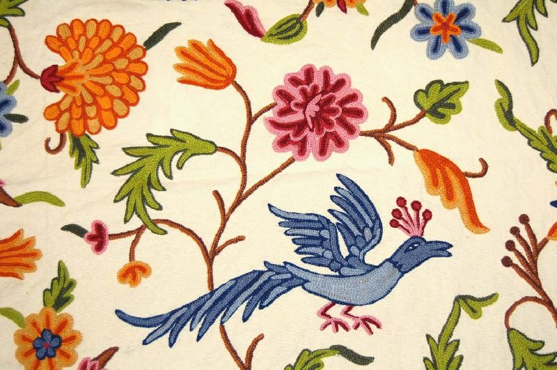 Cotton Crewel Embroidered Fabric Birds Cream, Multicolor