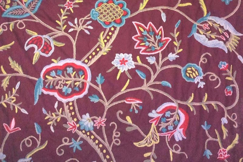 Cotton Crewel Embroidered Fabric Burgundy, Multicolor