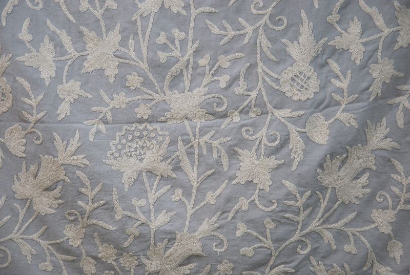 Cotton Crewel Embroidered Fabric Floral, White on Grey