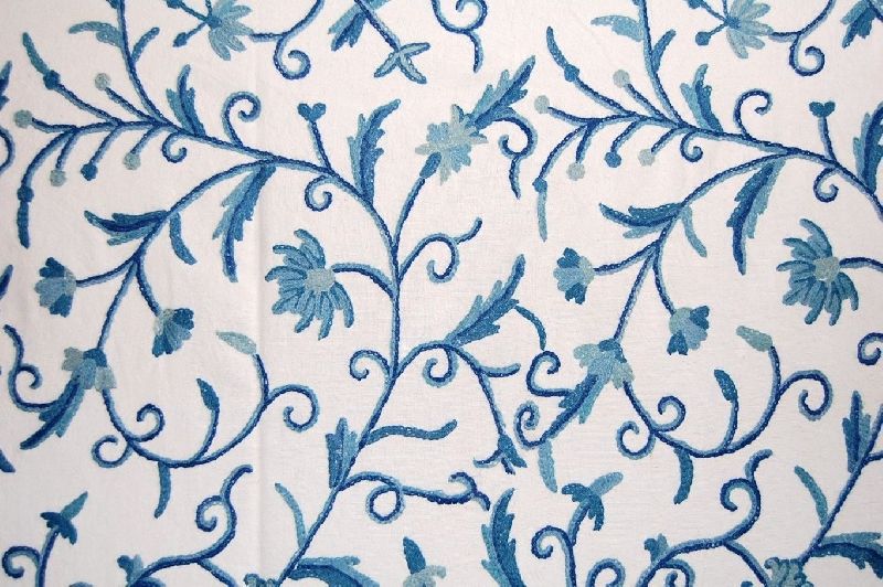 Cotton Crewel Embroidered Fabric Jacobean, Blue on