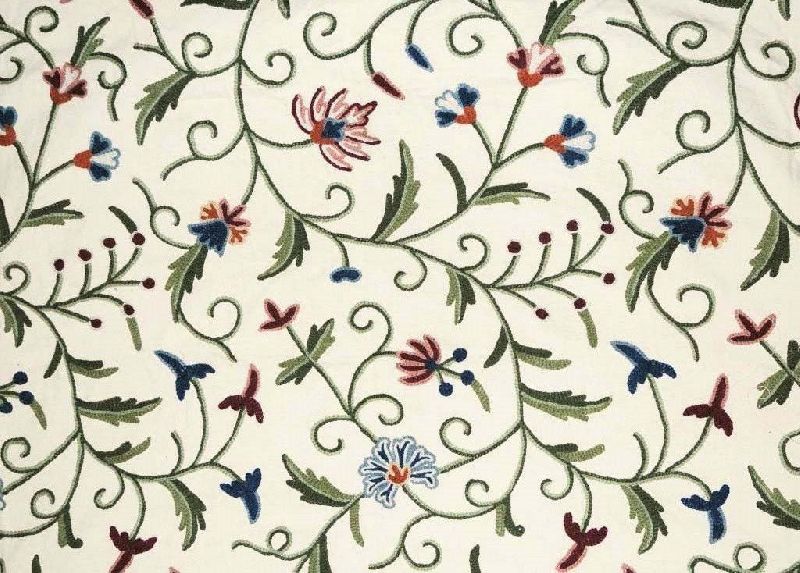 Cotton Crewel Embroidered Fabric Jacobean Cream, Multicolor