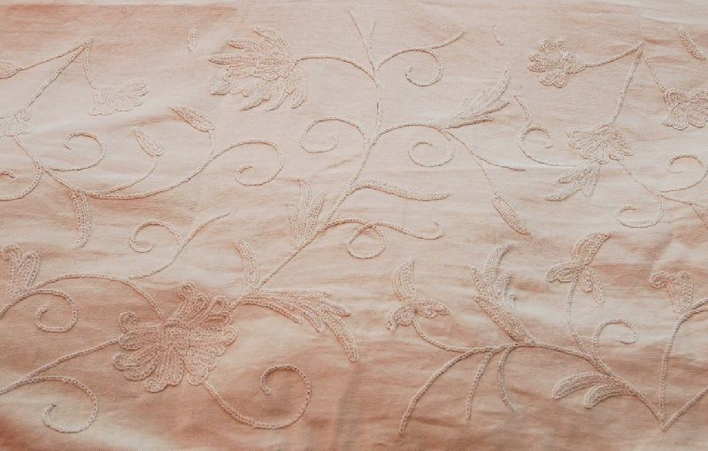 Cotton Crewel Embroidered Fabric Jacobean, White on Cream