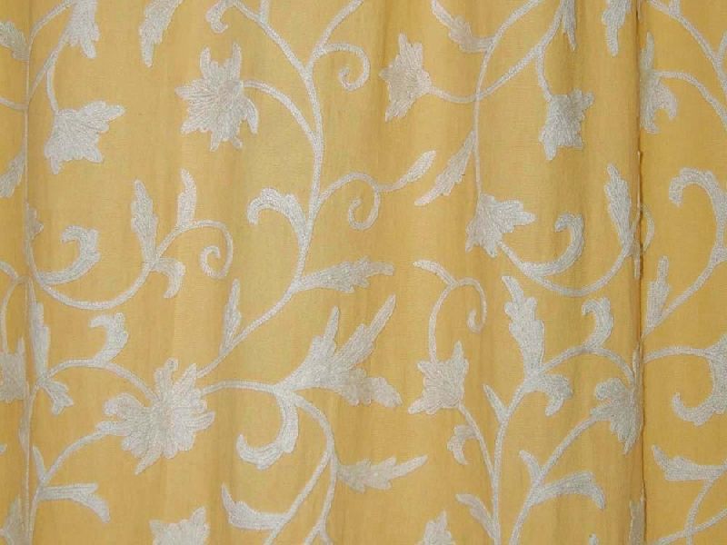 Cotton Crewel Embroidered Fabric Jacobean, White on Beige