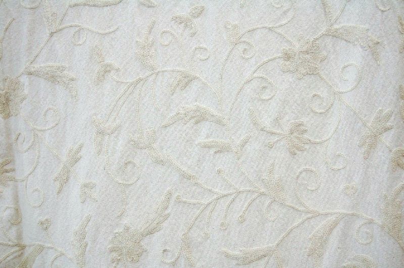Cotton Crewel Embroidered Fabric Jacobean, White on White
