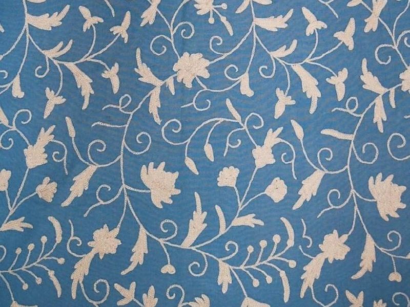 Cotton Crewel Embroidered Fabric Jacobean, White on Turquoise