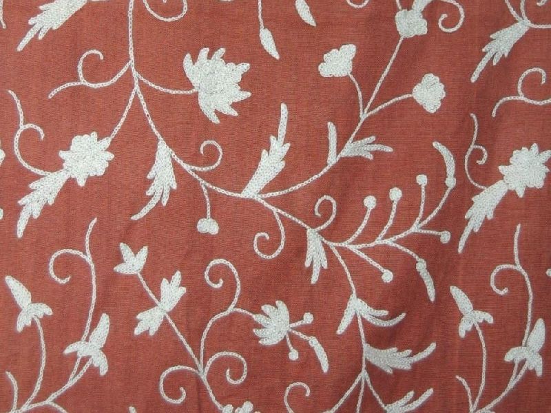 Cotton Crewel Embroidered Fabric Jacobean, White on Taupe
