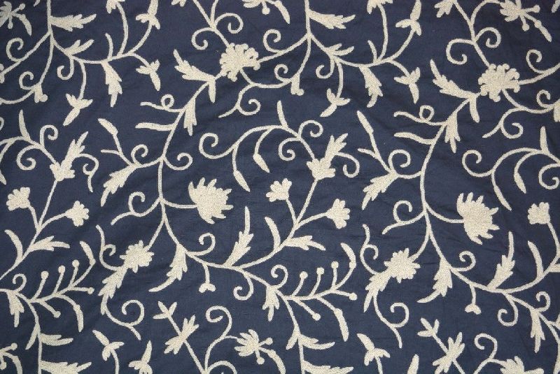Cotton Crewel Embroidered Fabric Jacobean, White on Navy