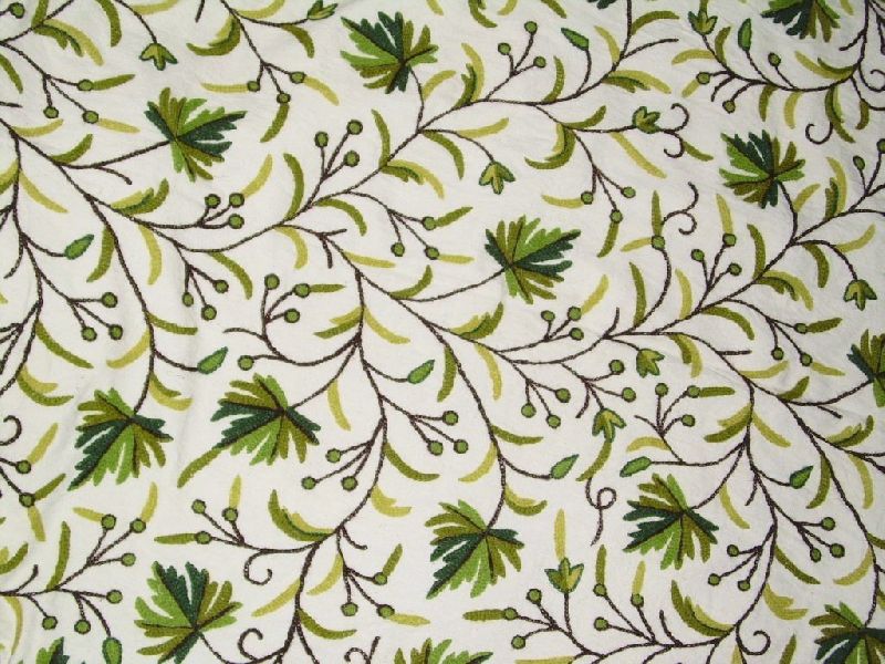 Cotton Crewel Embroidered Fabric Maple, Green on White