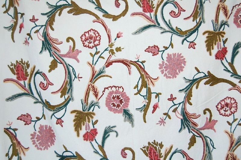 Cotton Crewel Embroidered Fabric, Pink and Blue