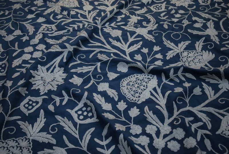 Cotton Crewel Embroidered Fabric "Tree of Life", Grey on Navy