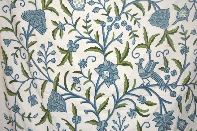 Cotton Crewel Embroidered Fabric Tree of Life Birds, Blue and Green