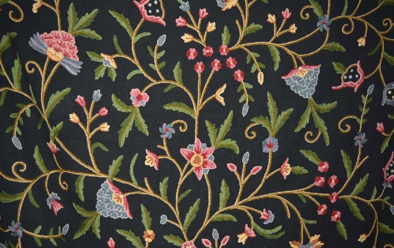 Cotton Crewel Embroidered Fabric "Tree of Life" Black, Multicolor