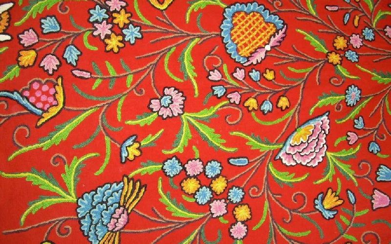 Cotton Crewel Embroidered Fabric "Tree of Life" Orange, Multicolor
