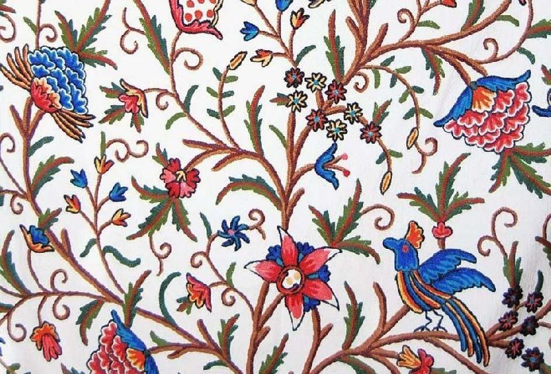 Cotton Crewel Embroidered Fabric "Tree of Life" Birds, Multicolor