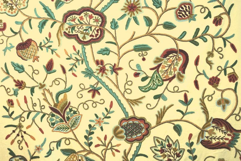 Cotton Crewel Embroidered Fabric "Watlab" Beige, Multicolor