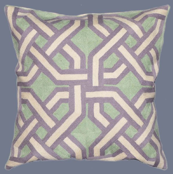 CREWEL WOOL EMBROIDERED CUSHION PILLOW COVER, GREEN AND PURPLE