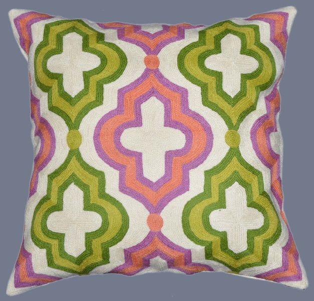 CREWEL WOOL EMBROIDERED CUSHION PILLOW COVER, PINK AND GREEN
