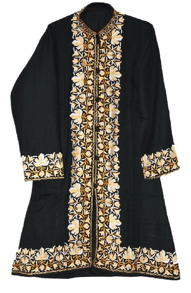 EMBROIDERED WOOLEN COAT BLACK, CREAM AND YELLOW EMBROIDERY