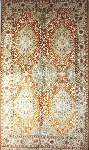 KASHMIR SILK CARPET HAND KNOTTED, GREEN AND GOLD