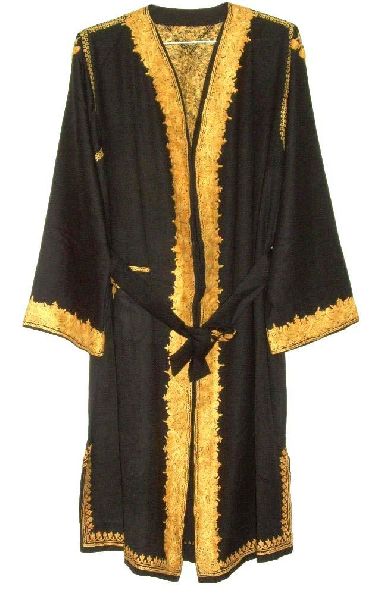 KASHMIR WOOL DRESSING GOWN BLACK, YELLOW EMBROIDERY