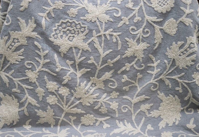 Linen Crewel Embroidered Fabric Floral, White on Grey