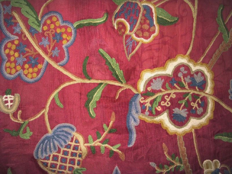 Silk Organza Crewel Embroidered Sheer Fabric Burgundy, Multicolor
