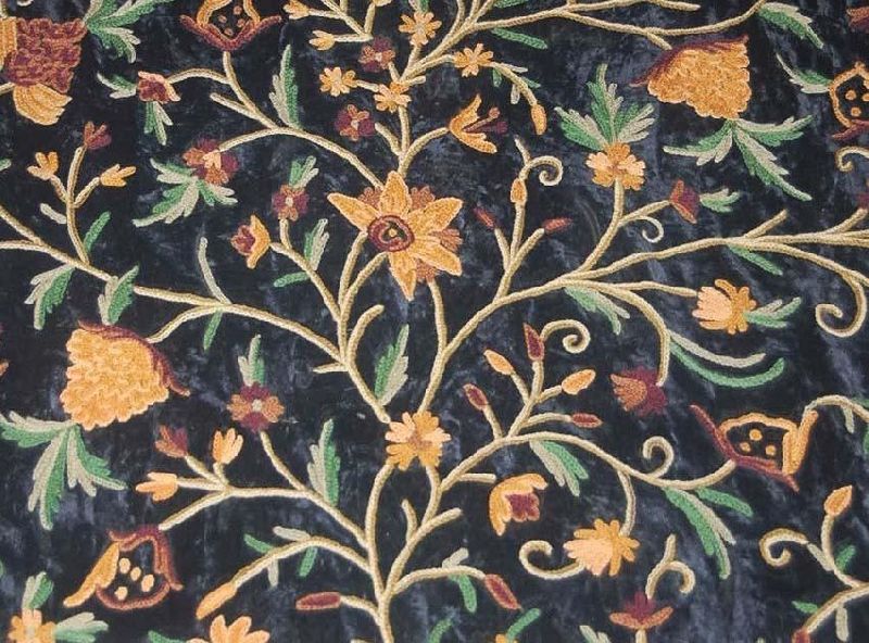 Velvet Crewel Embroidered Fabric Black, Multicolor