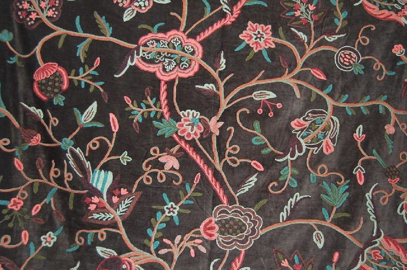 Velvet Crewel Embroidered Fabric Dark Brown, Multicolor