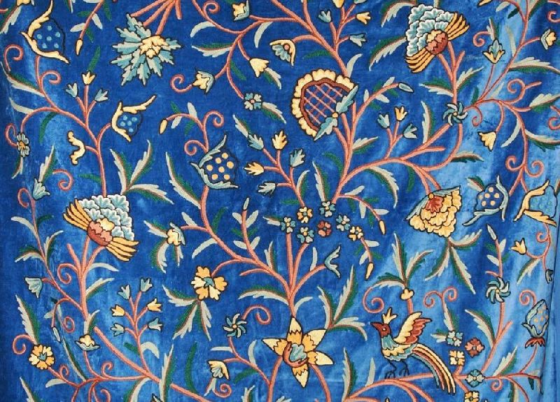 Velvet Crewel Embroidered Fabric Sapphire, Multicolor