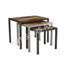 Recycle Wood Nesting Table set, Color : Deco Black Silver Metal color
