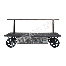 Rustic Metal Wood Drawer Media Unit on Wheels