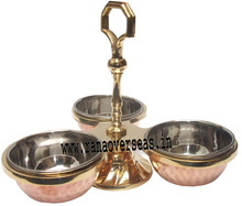 Copper Steel Serveware Utensil Pickle Condiment Holder Three Bowls