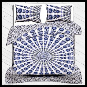 Duvet Cover Set, 100% Cotton Bedding Set Indian Traditional Print Queen Size With Pillow Cover