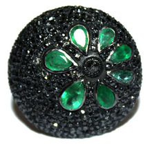 Black diamond emerald flower design ring, Occasion : Anniversary, Engagement, Gift, Party, Wedding