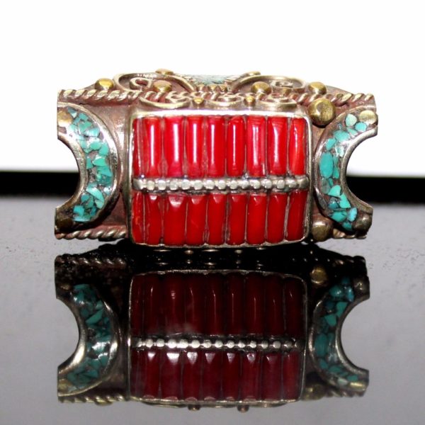German Silver Coral and Turquoise Gemstone Gold Plated Ring