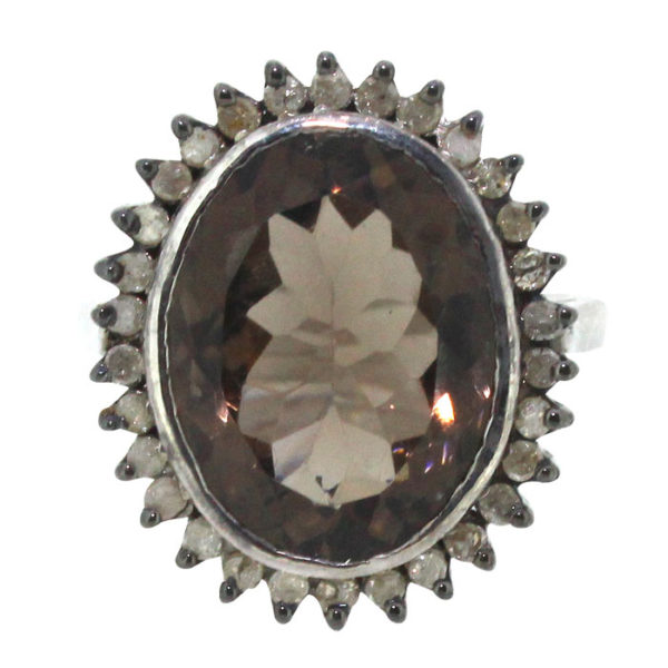 Smokey Topaz Gemstone Diamond Silver Ring