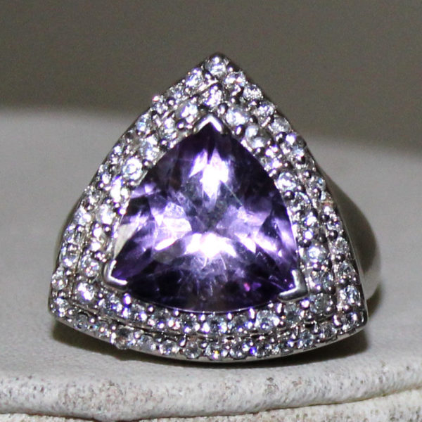 Solid 925 Sterling Silver Natural Amethyst Gemstone Triangle Shape Ring