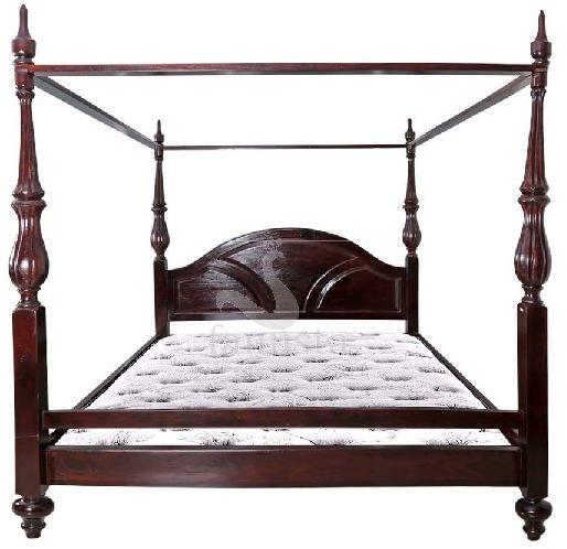 Handmade Wooden Bed with Hanging Rods, Color : Brown
