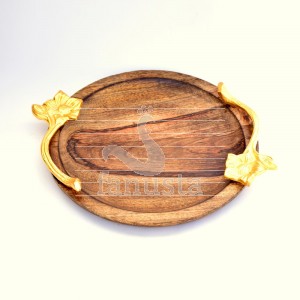 Round Wooden and Aluminium Serving Tray, Color : Brown