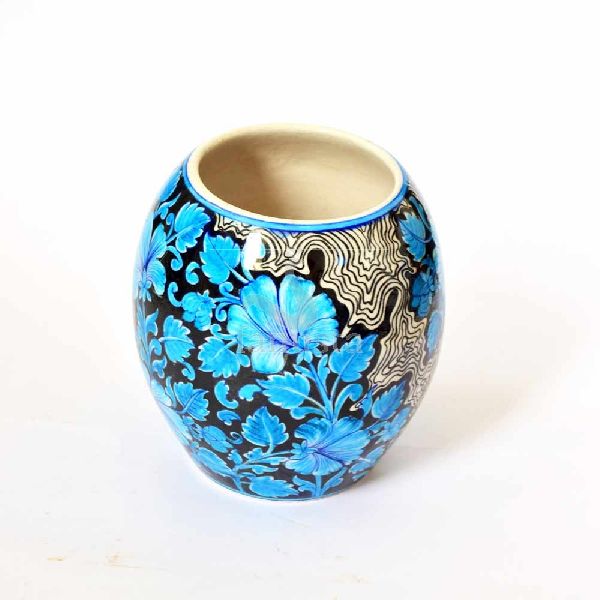 Susan Blue Lilies Pottery Vase, Dimension : 15 x 15 x 16 (in cm)