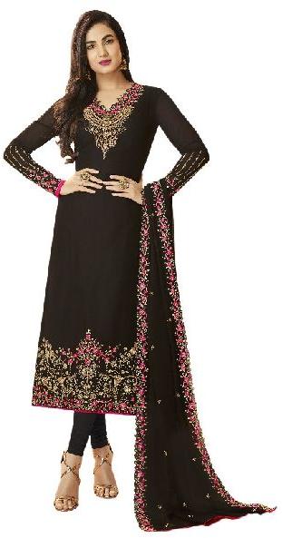 Black Color Heavy Resham Embroidery And Diamond Stone Work Semi-Stitched Salwar Kameez (