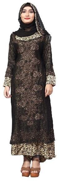 Black Color Printed Satin With Chiffon Abaya Burkha