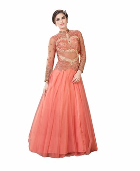 Bridal Wear Semi-Stitched Wonderful Net Gown, Color : Peach